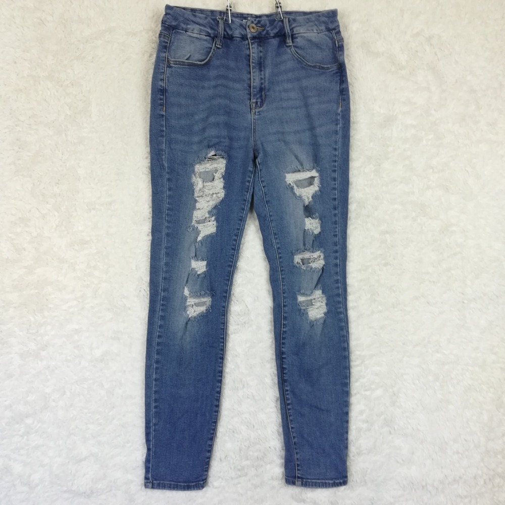 Rue 21 Womens Jeans Skinny Blue Denim Distressed Ripped High Rise Stretch 12